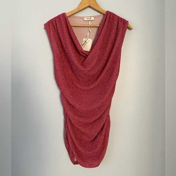 NWT Fifilles Paris Pink Glitter Top with Ruched Sides Draped Neck - Picture 1 of 10